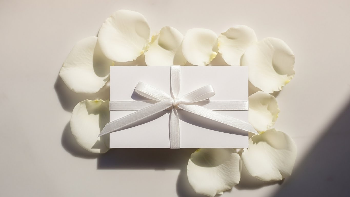 白いリボンと花びらで装飾されたエレガントなギフトカードのクローズアップ