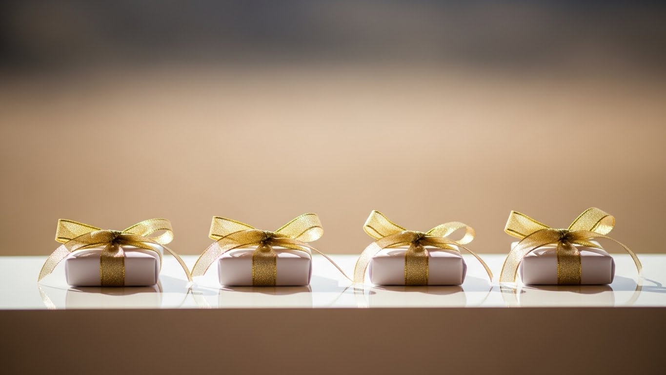 ゴールドリボンで統一された結婚式の引き出物が美しく並ぶ光景
