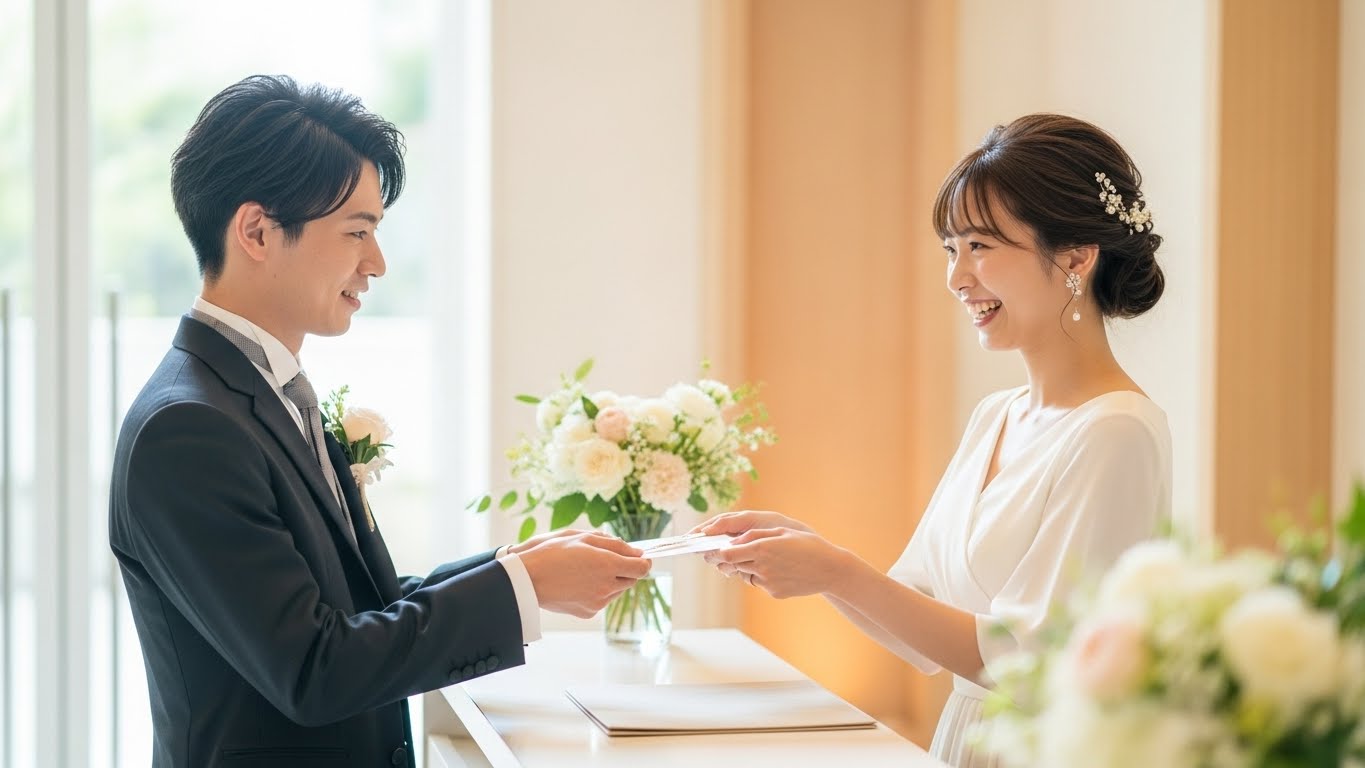 結婚式の受付でゲストがカード型引き出物を受け取り笑顔を見せる瞬間