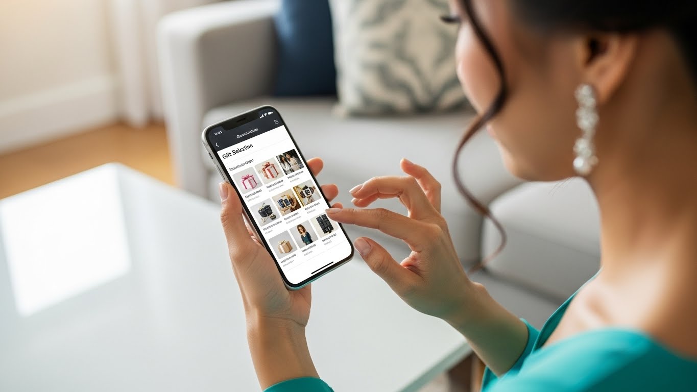 自宅リビングでスマートフォンを使ってギフトを選ぶ女性ゲストの手元