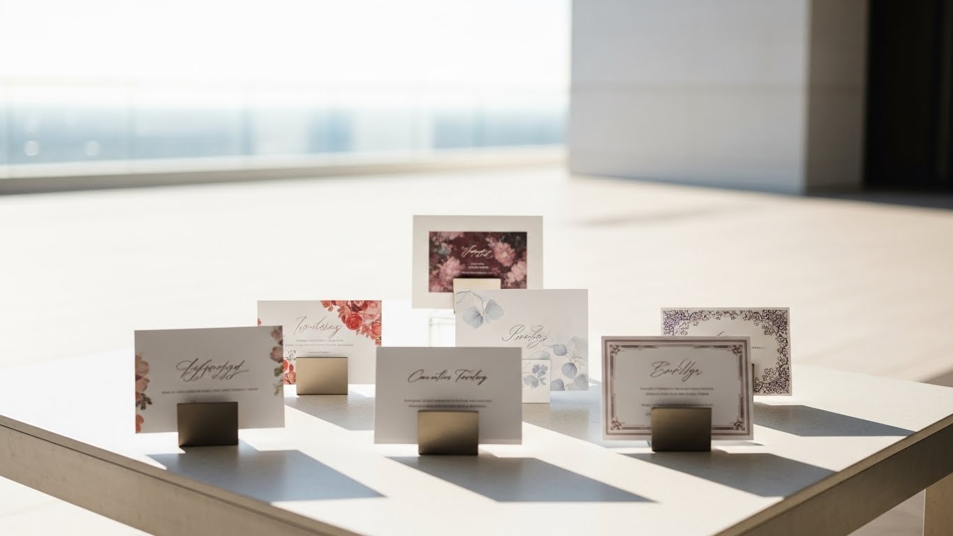 結婚式場のテラスにカード型引き出物が美しく並べられた引きの構図