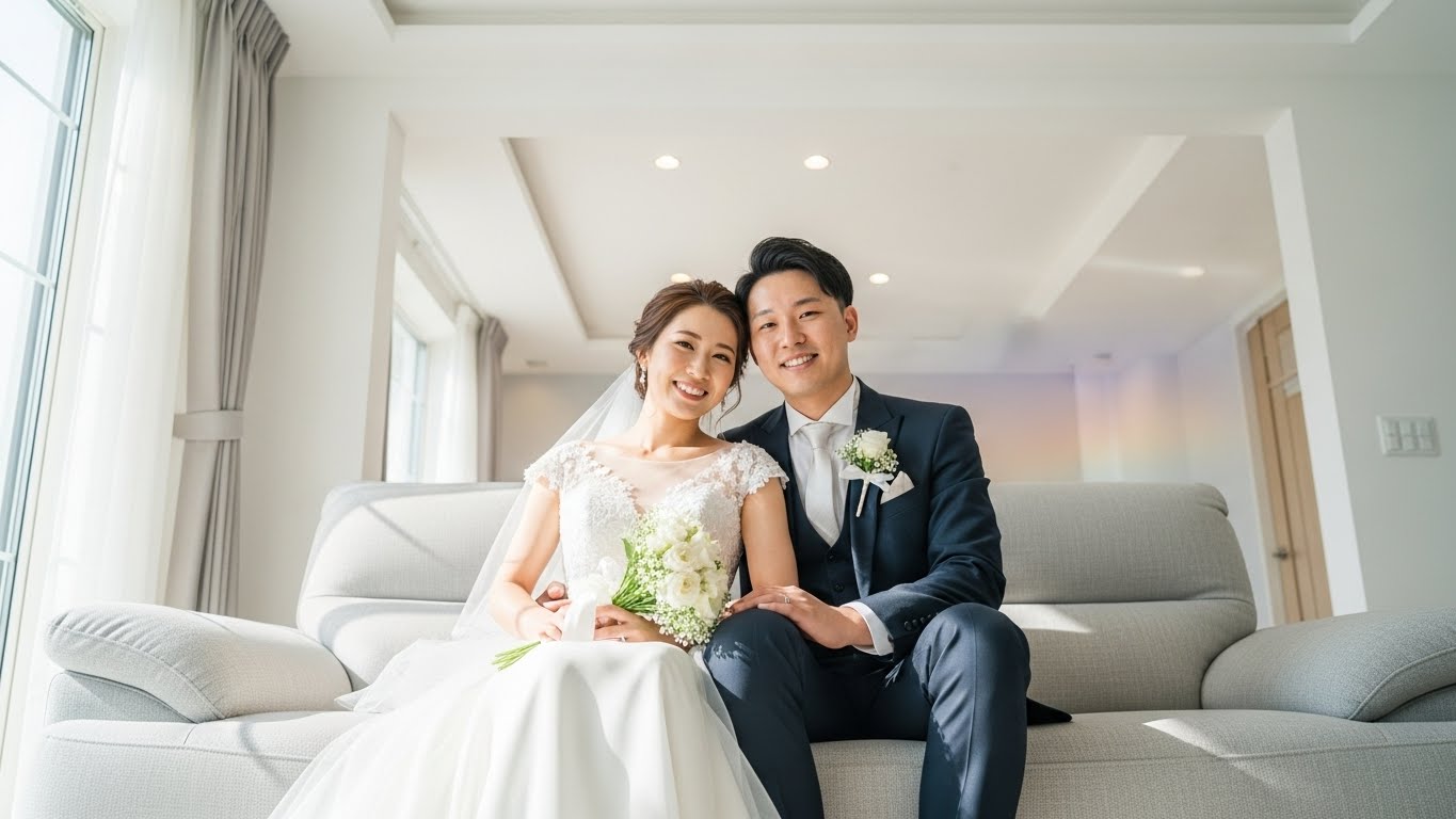 新居のリビングで新しいソファに座り笑顔で寄り添う新郎新婦