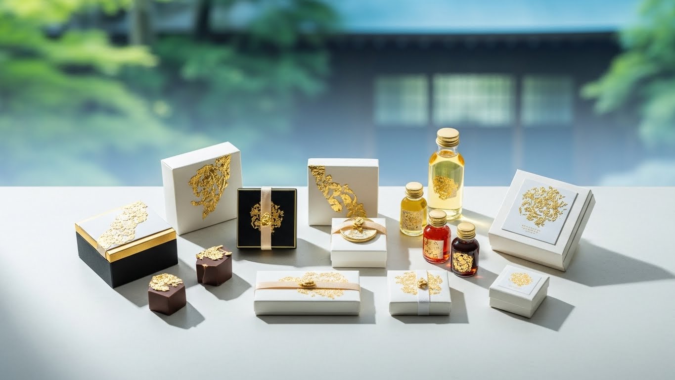 日本庭園を背景にした和風会場で金箔装飾の豪華な引き出物が美しく飾られている