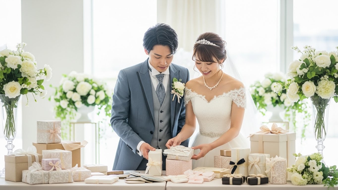結婚式場のギフトコーナーで引き出物を真剣に選ぶ新郎新婦