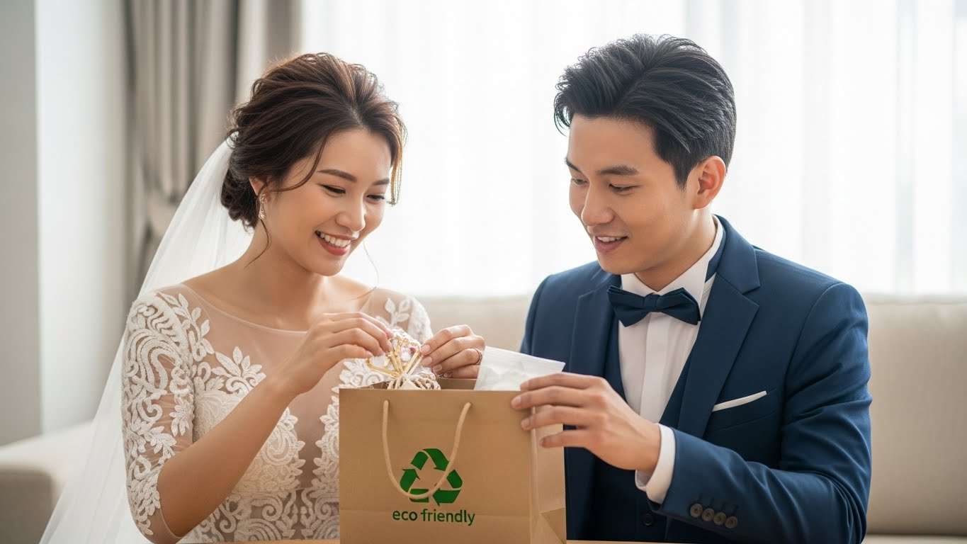 新郎新婦が自宅で届いたエコバッグの包みを開封して喜んでいる様子