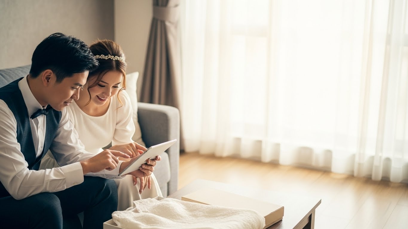 新婚カップルがリビングでタブレットを見ながら配送確認をしている温かな光景