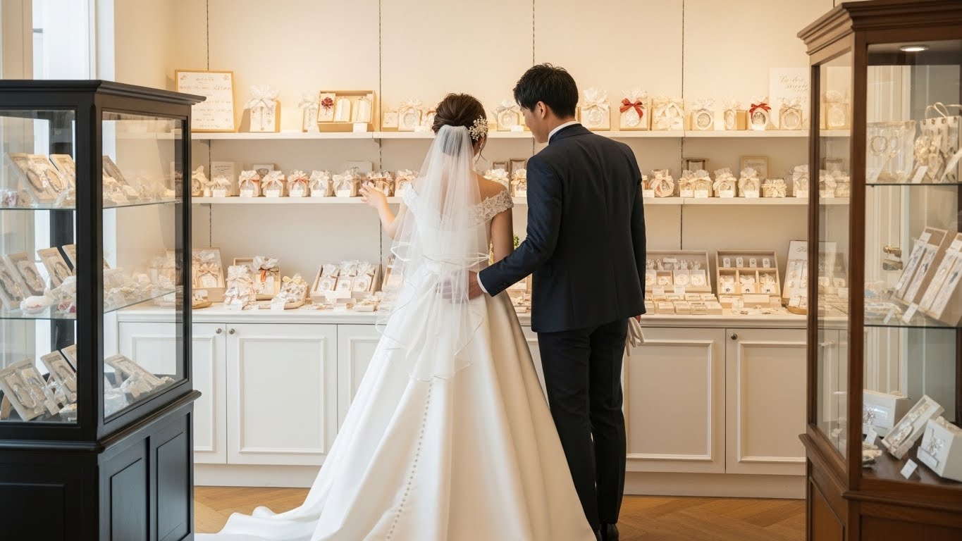 結婚式場のギフトショップで引き出物を一緒に選ぶ新郎新婦の後ろ姿