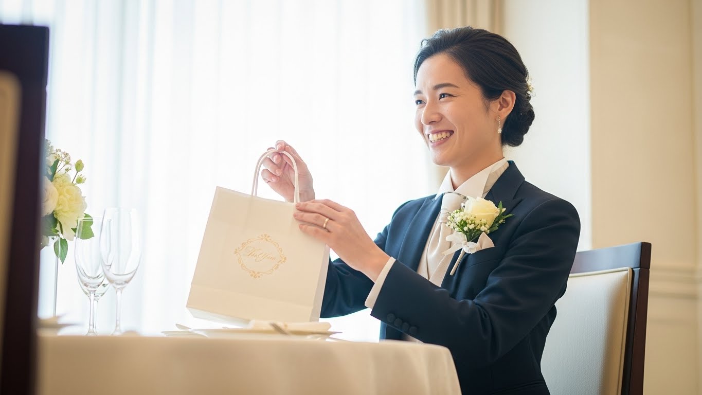 披露宴会場の席でドレスアップしたゲストが統一デザインの引き出物袋を嬉しそうに受け取る瞬間