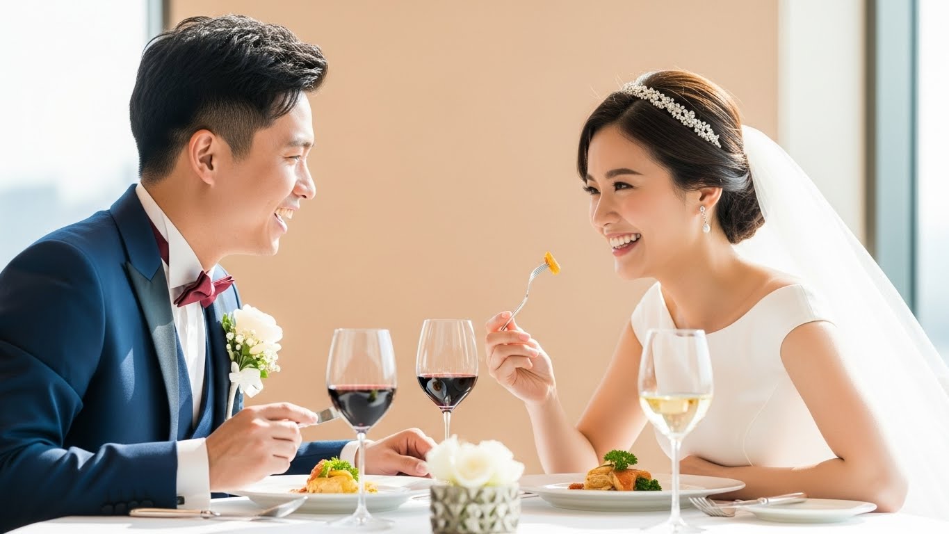 高級レストランで体験型ギフト券を使って特別ディナーを楽しむ新婚カップル