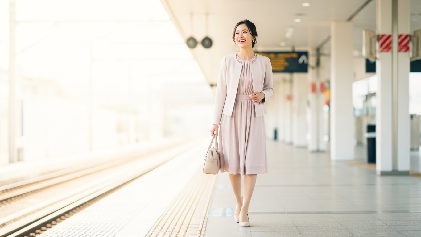 結婚式帰りのゲストが軽い荷物で駅のホームを歩く晴れやかな姿