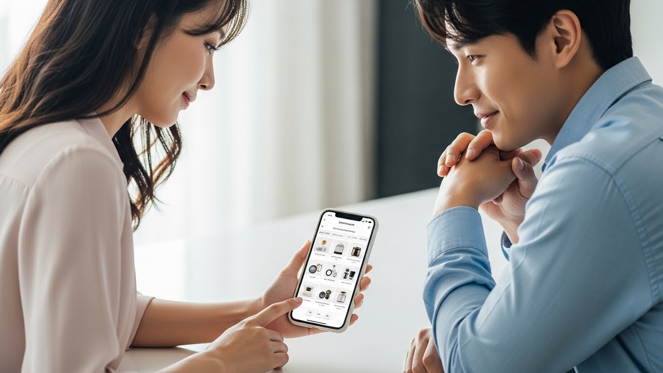 新郎新婦が自宅でスマートフォンを使い引き出物を選ぶ様子