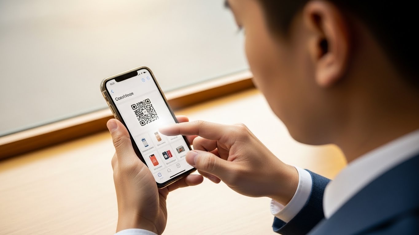 カフェの窓際でスマートフォンのQRコードをスキャンして商品を選ぶ若い男性ゲスト