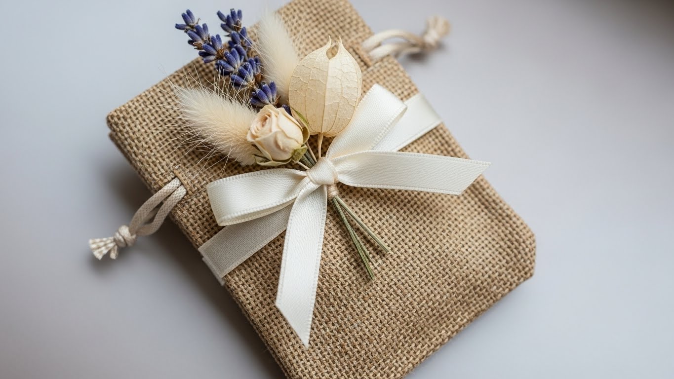 ナチュラルなジュート素材の引き出物バッグがリボンとドライフラワーで飾られている