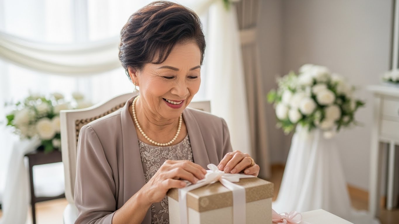 自宅リビングで届いた引き出物を開封して笑顔を見せる高齢女性の姿