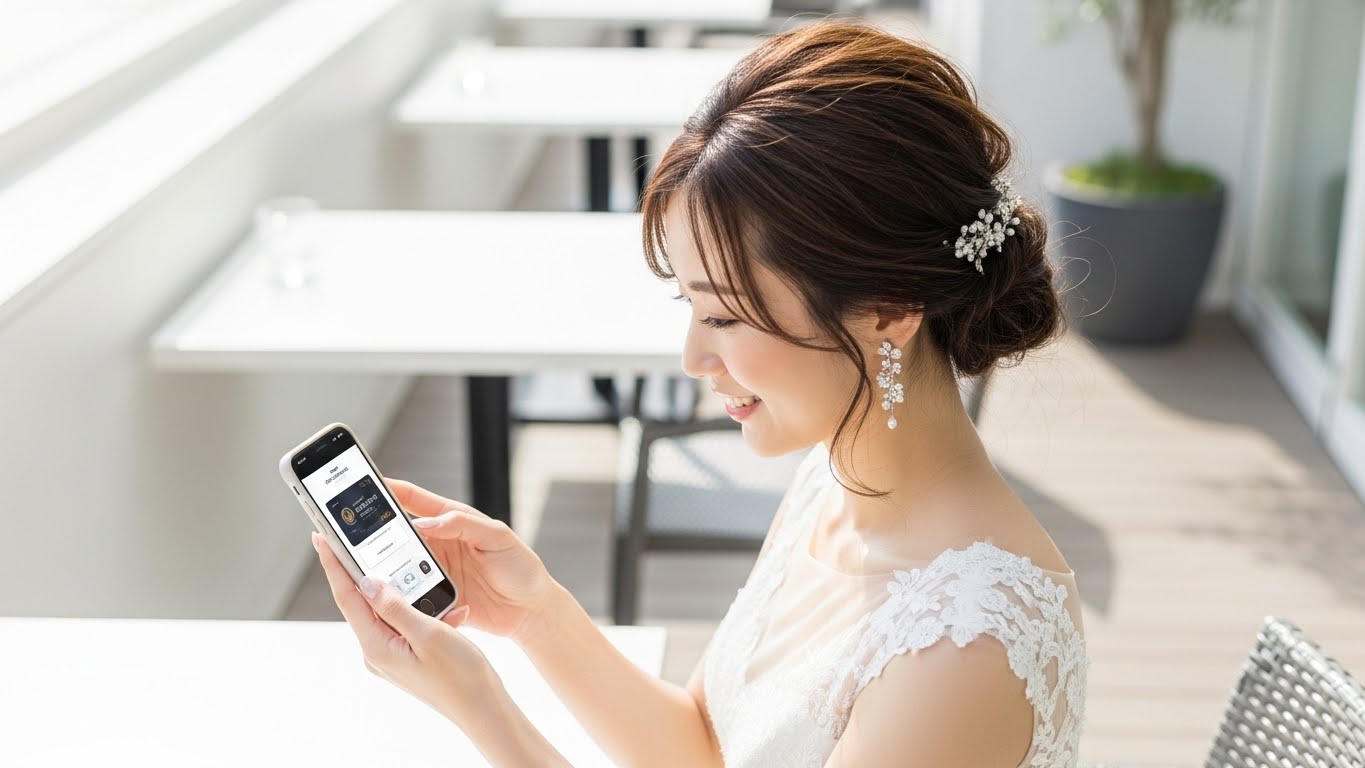 明るいカフェテラスで新婦がスマートフォンでカード型ギフトを選んでいる様子