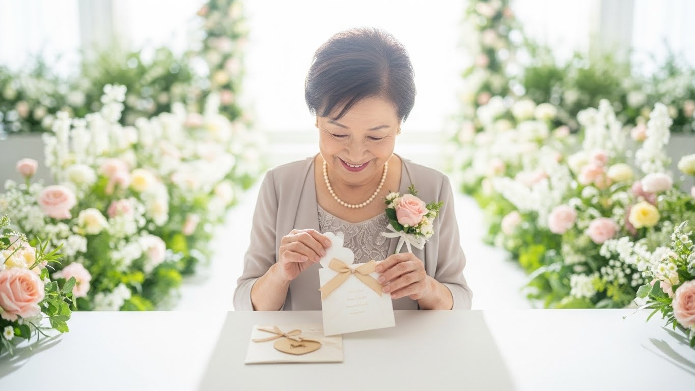 緑豊かなガーデンウェディング会場で祖母が心のこもった引き出物を開封し微笑んでいる様子