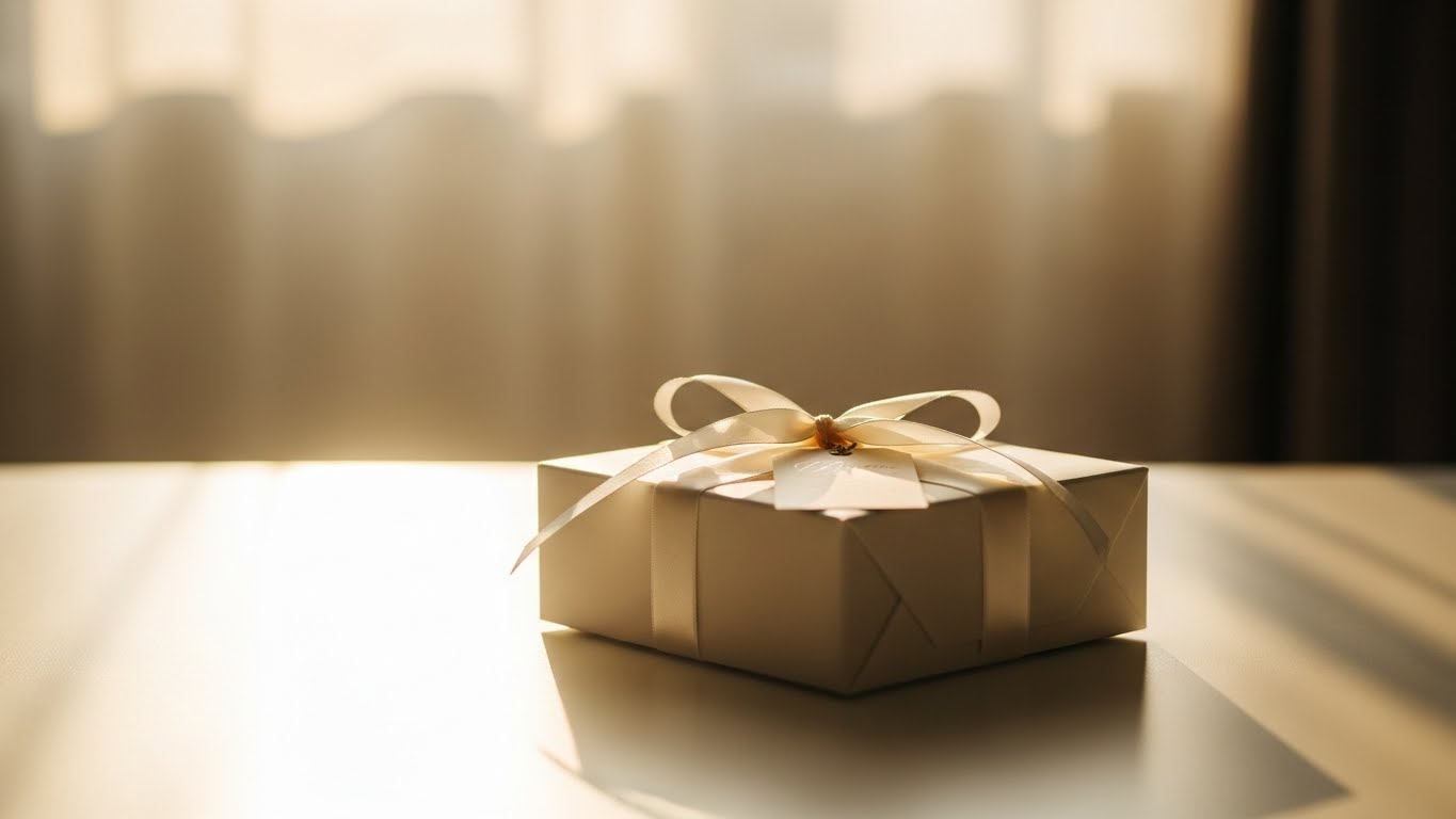 朝の柔らかな光に照らされたエレガントな引き出物のギフトボックス