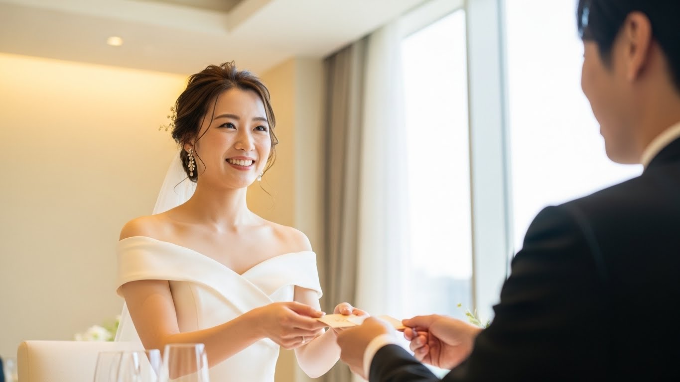 披露宴会場で新婦がゲストに笑顔でギフトカードを手渡している瞬間