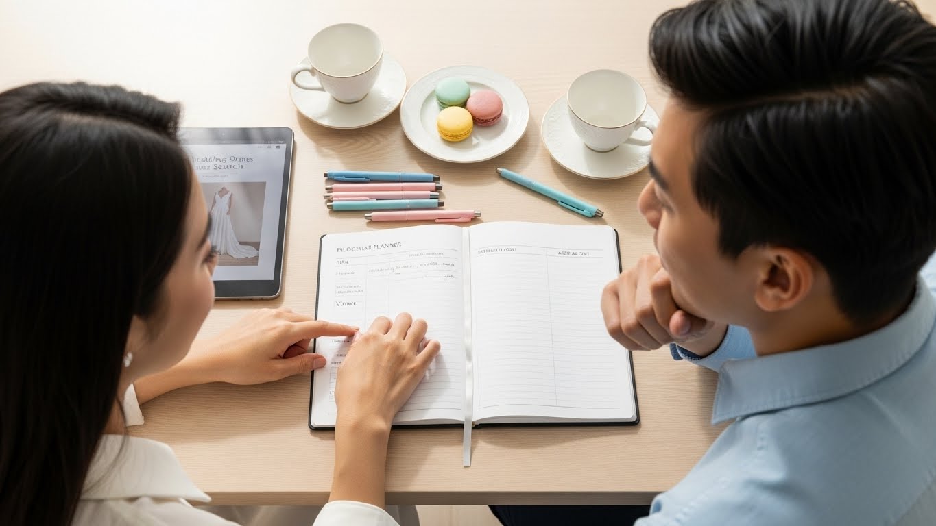 自宅で新郎新婦がタブレットで引き出物の予算計算をしている俯瞰ショット