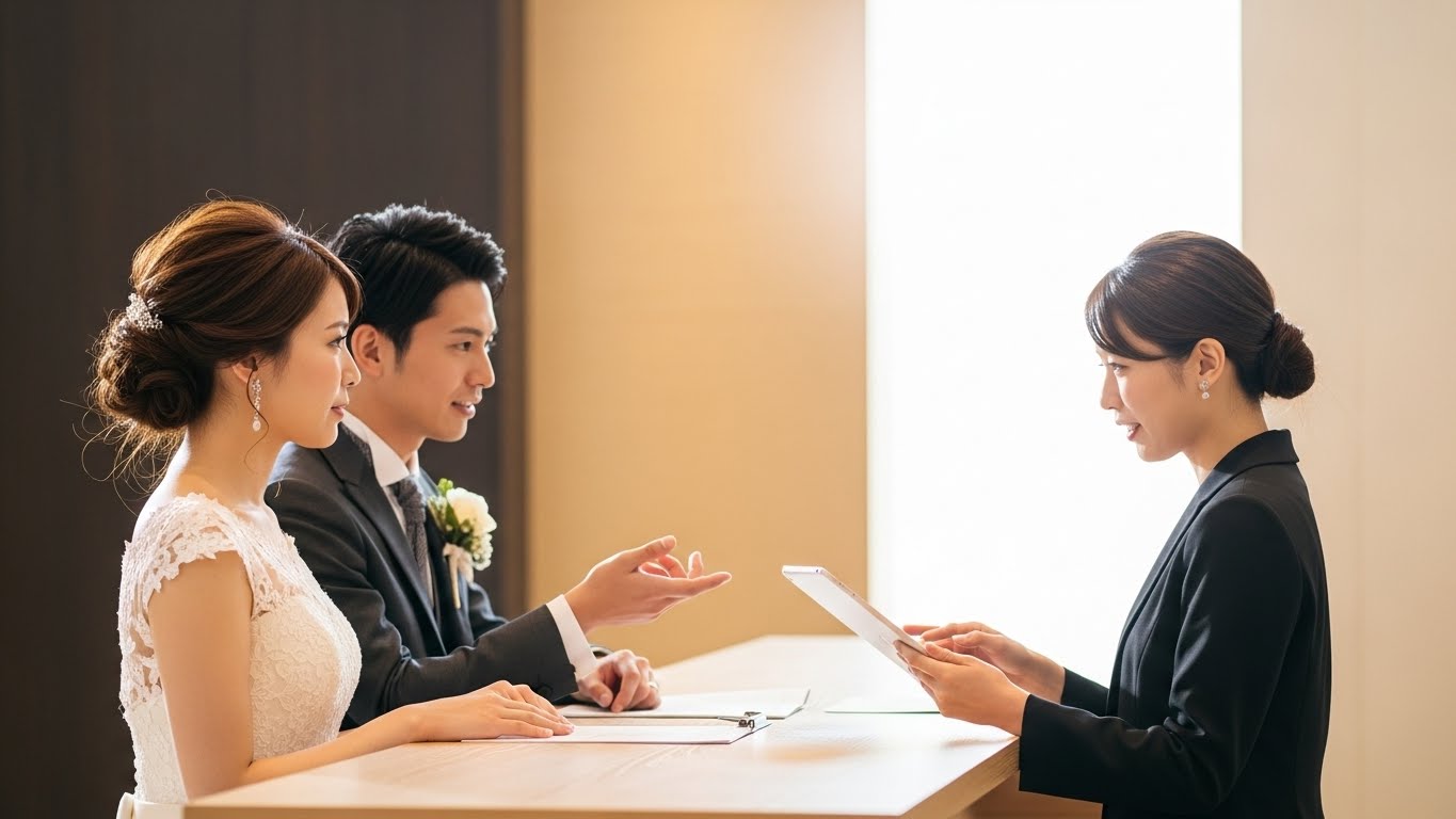 結婚式場のカウンターでプランナーと引き出物の打ち合わせをする新郎新婦
