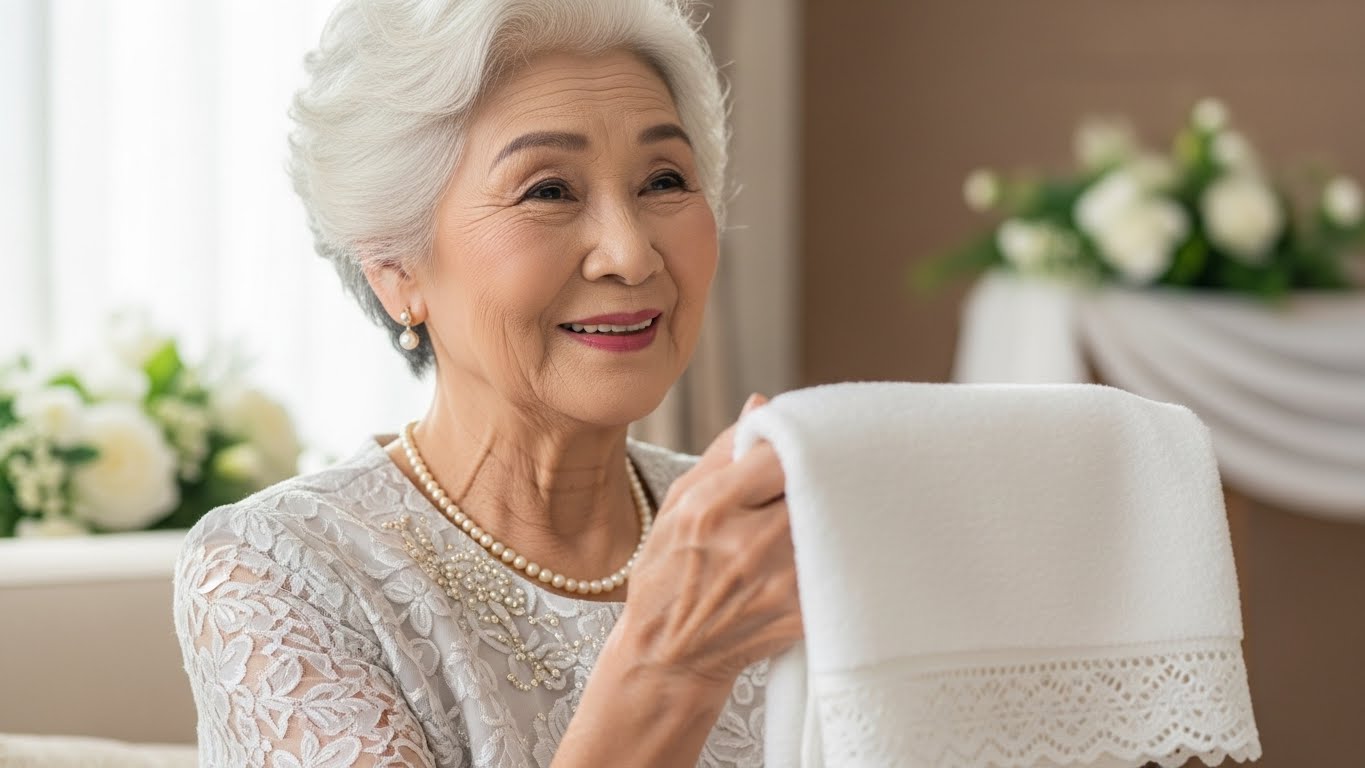 年配の女性親族が自宅で引き出物の高級タオルを手に取り微笑む場面