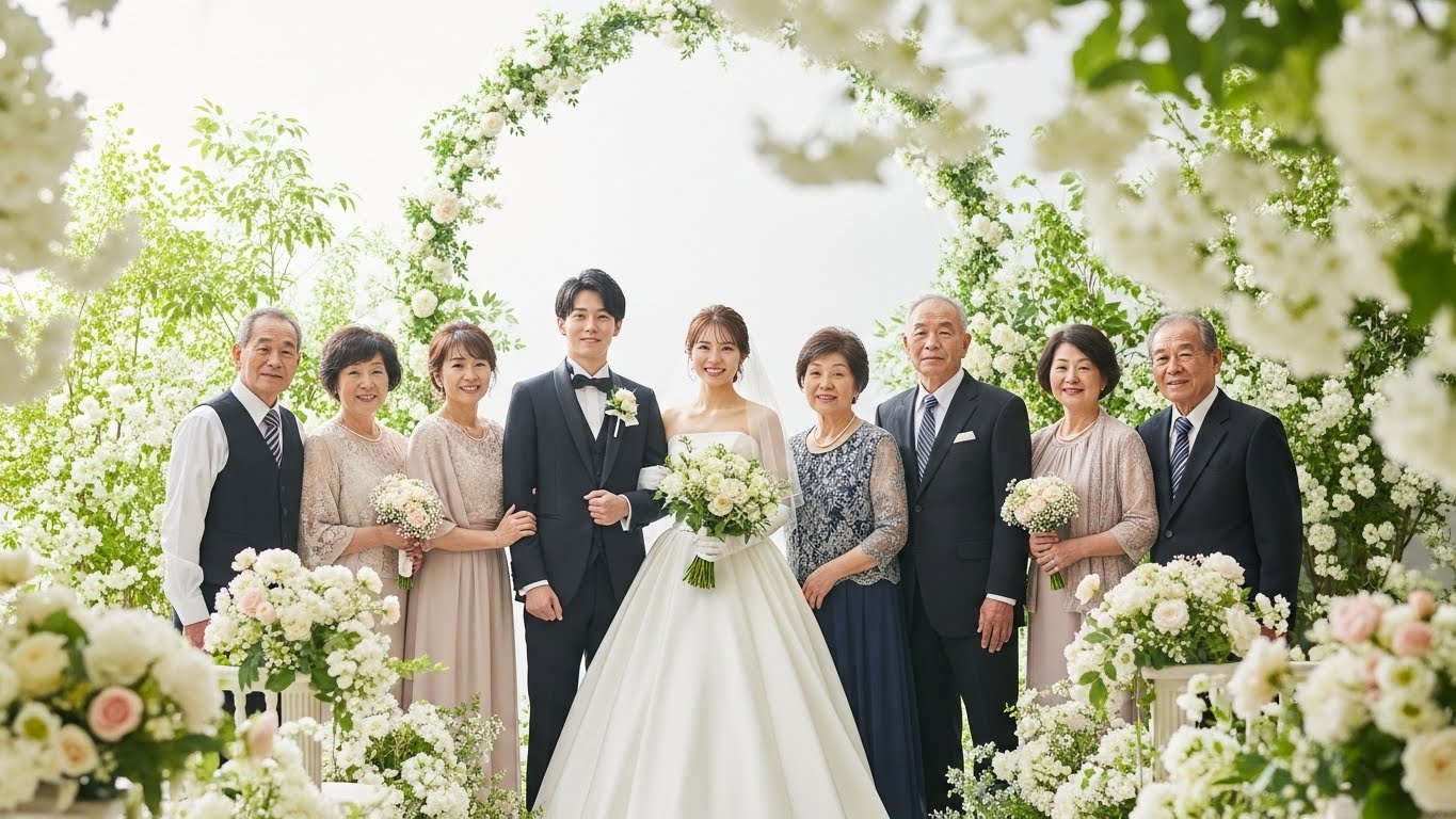 結婚式場のガーデンで親族と一緒に笑顔で記念撮影をする新郎新婦