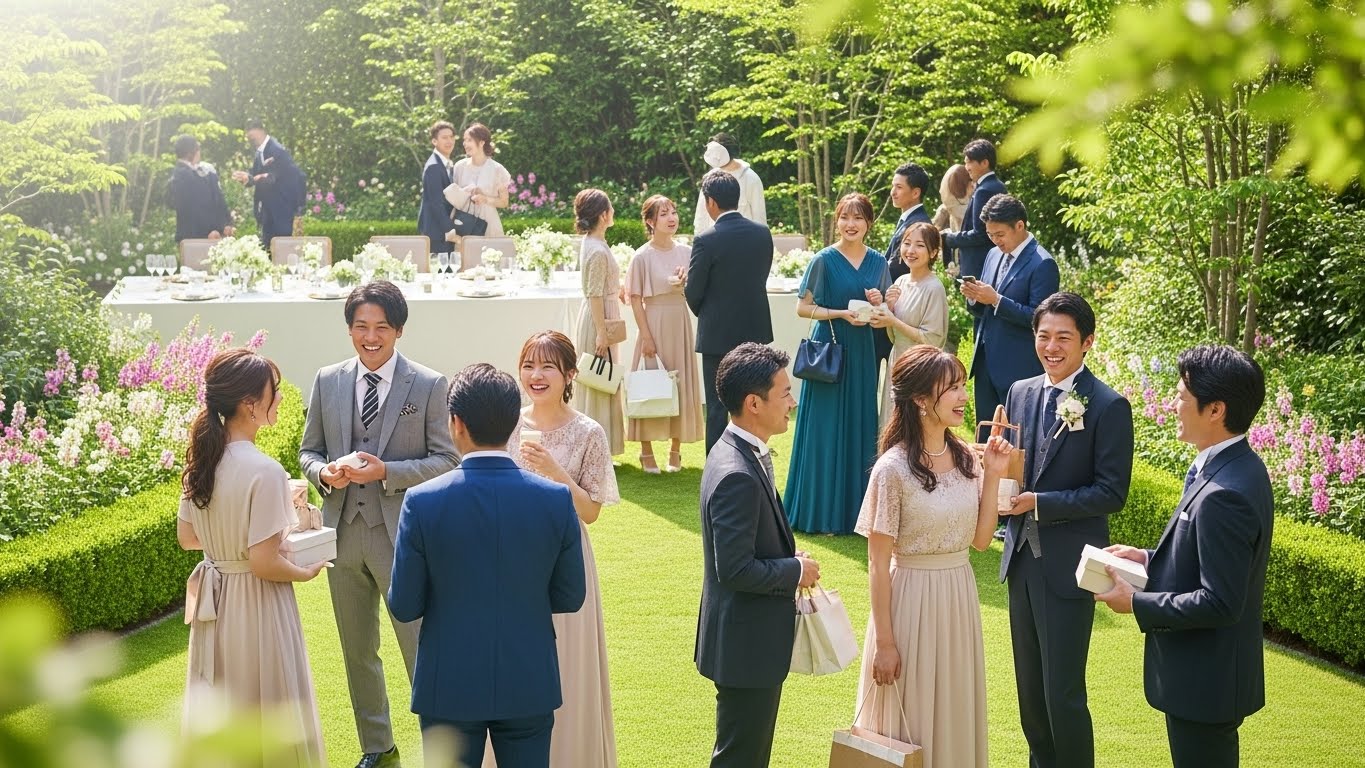 屋外ガーデンウェディングで笑顔のゲストが引き出物を持つ様子