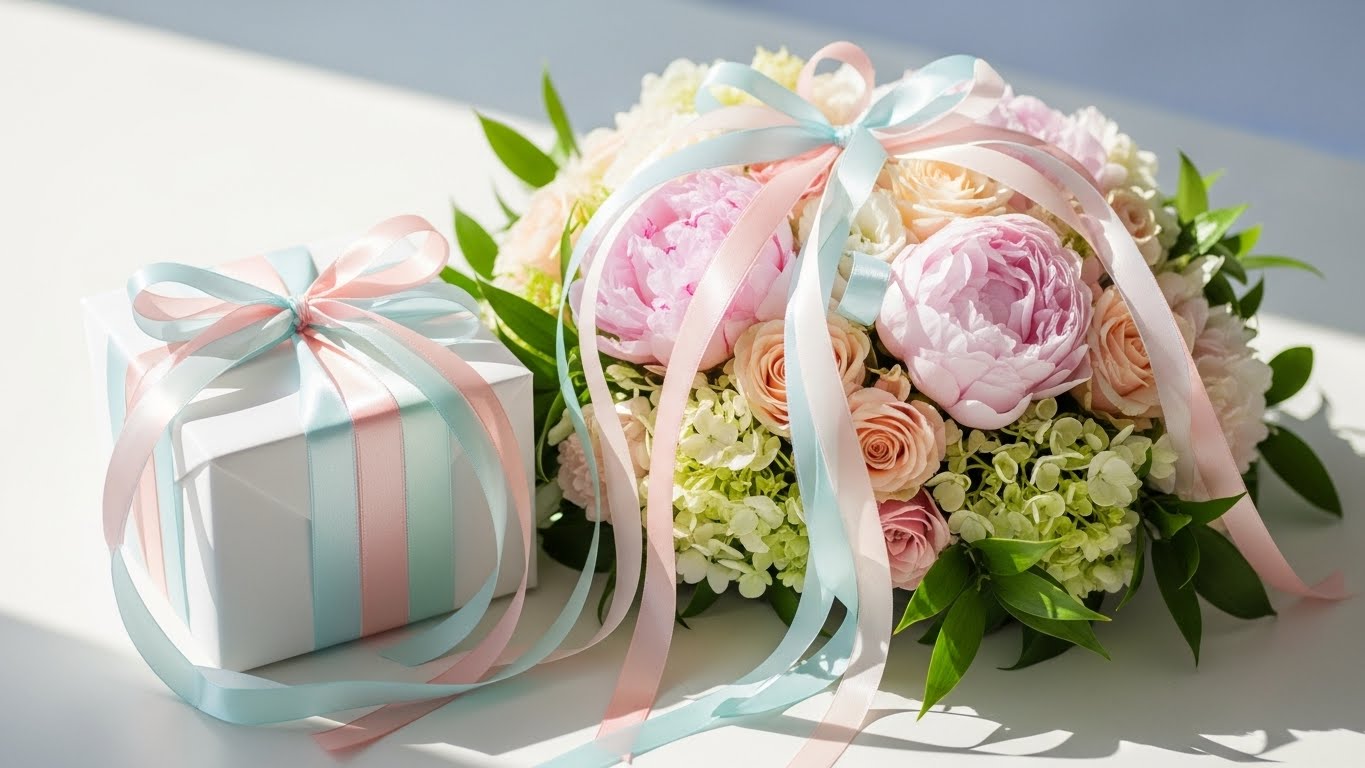 パステルカラーのリボンで装飾された引き出物ギフトと季節の花のアレンジメント