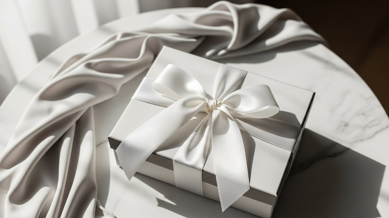 白いリボンで上品に包まれたウェディングギフトボックス