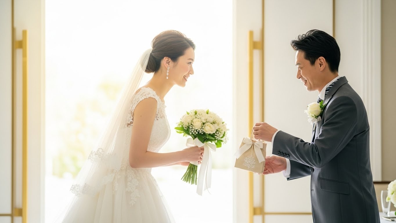 披露宴終了後に新婦とゲストが引き出物袋を持って笑顔で挨拶を交わしている