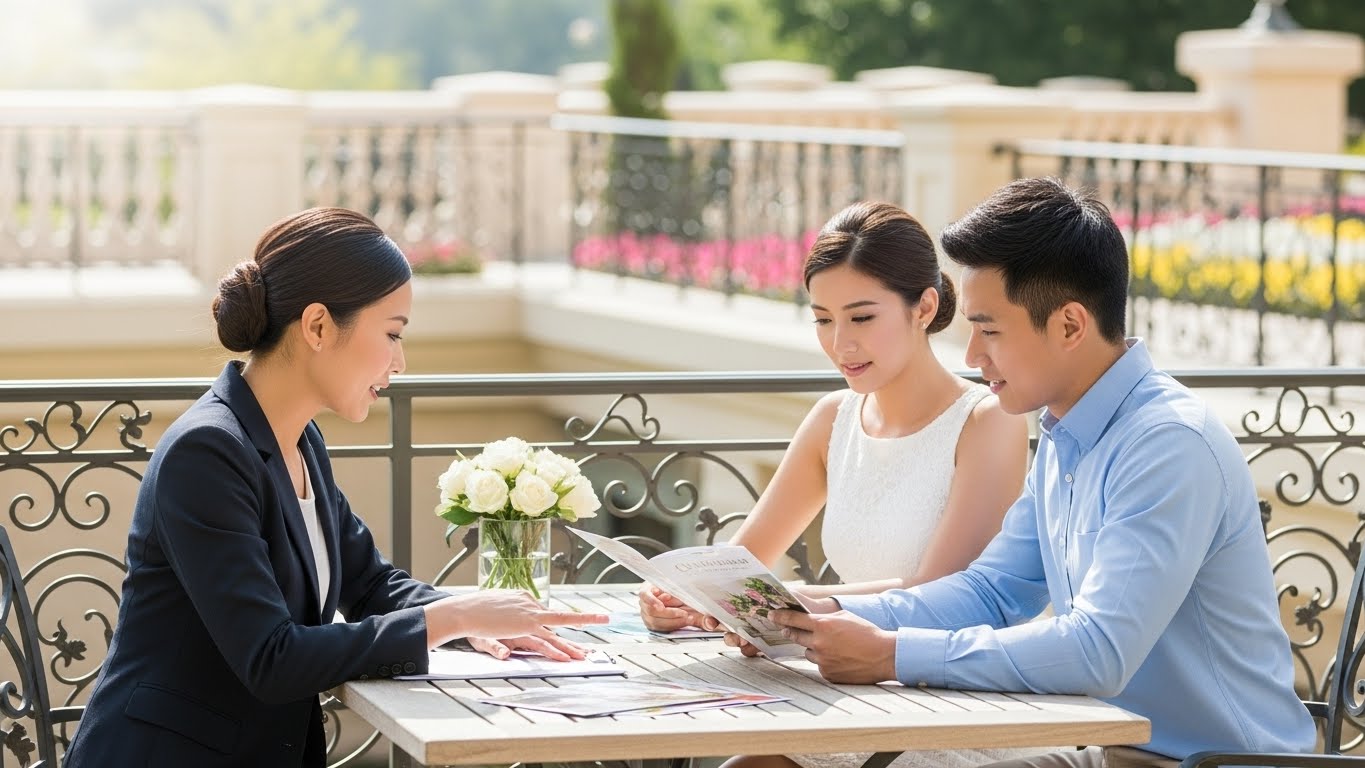 式場のガーデンテラスでプランナーがカップルにパンフレットで説明している様子