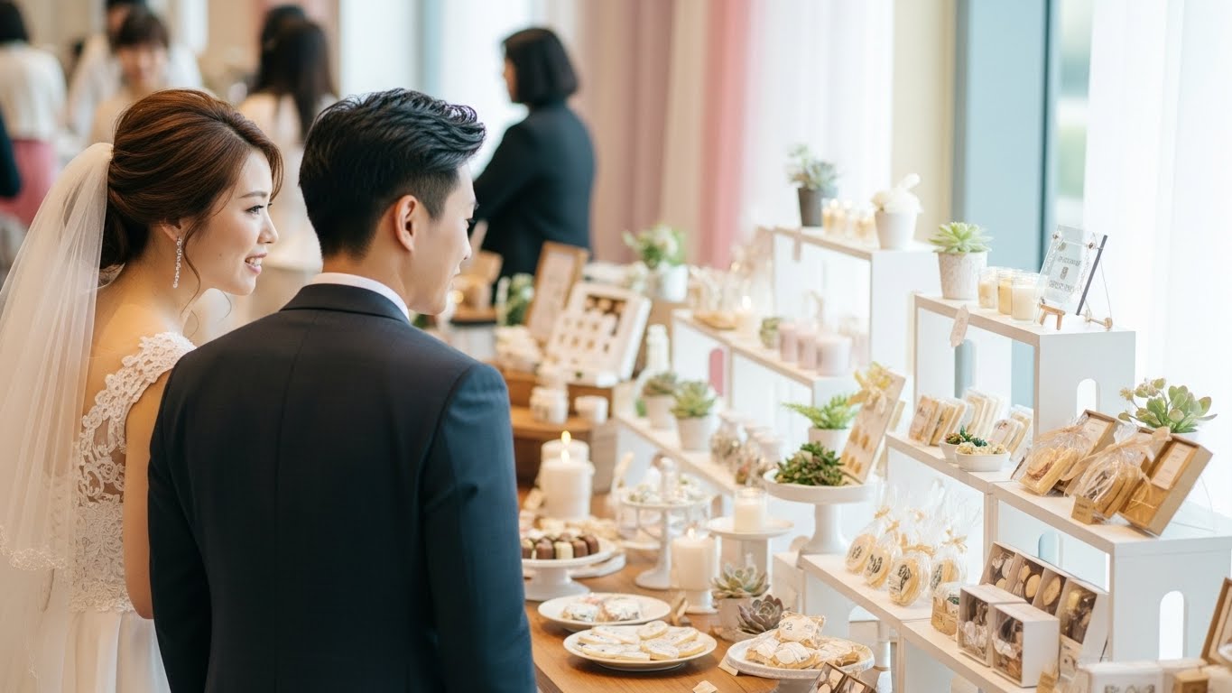 明るいブライダルフェア会場で新郎新婦が引き出物展示ブースを楽しそうに眺めている様子