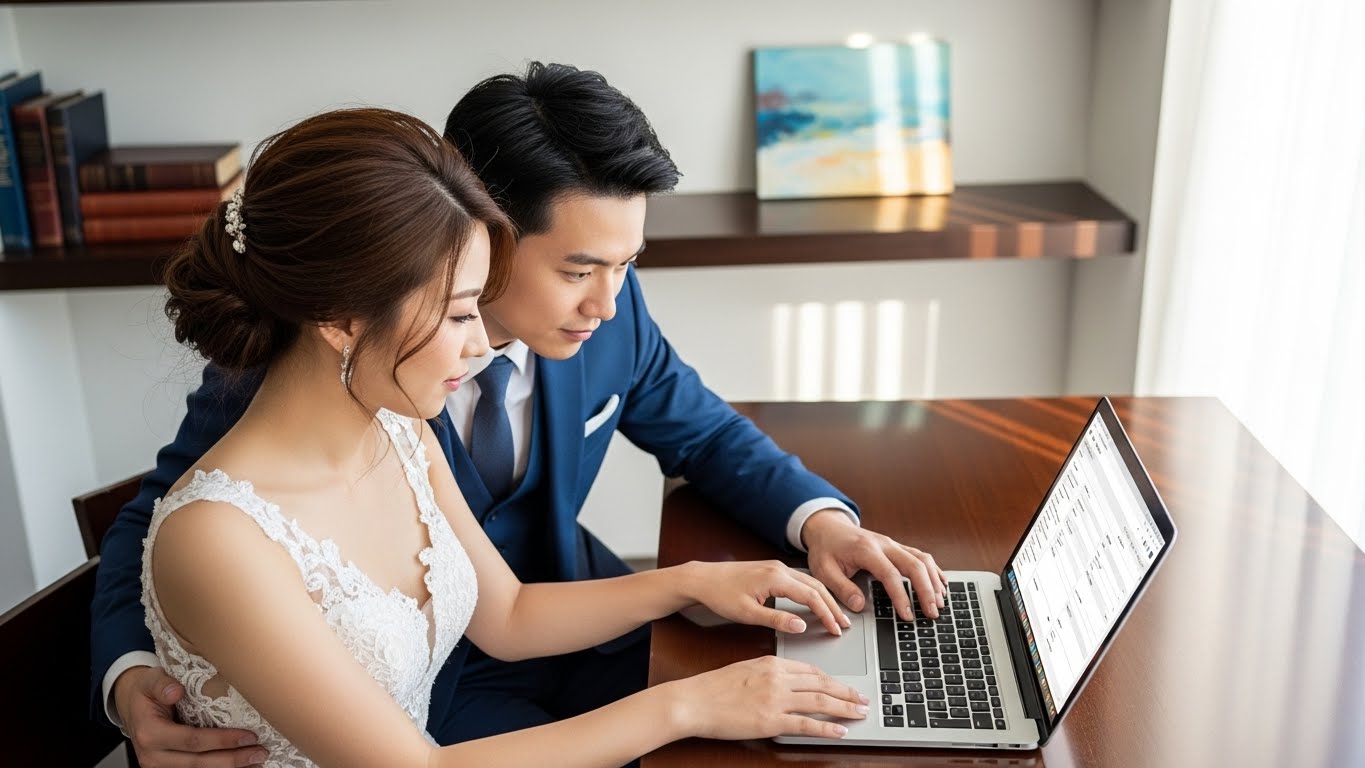 自宅の書斎で高齢ゲストの代理注文を協力して入力する新郎新婦