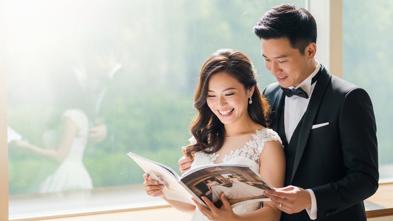 式場の窓辺で新婦がカタログギフトを見て笑顔で選んでいる様子