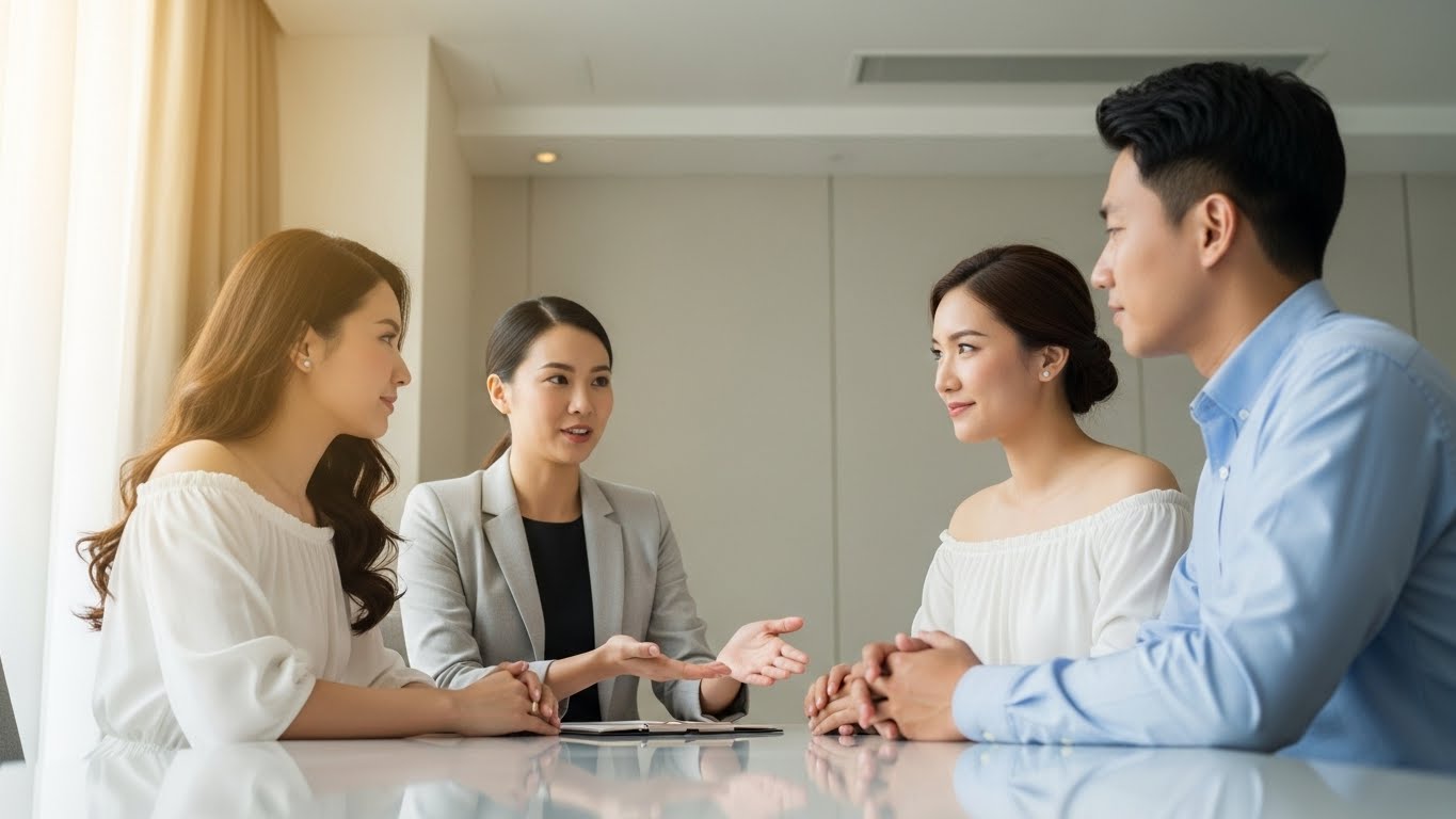 結婚式場の打ち合わせルームでウェディングプランナーが新郎新婦にアドバイスする様子