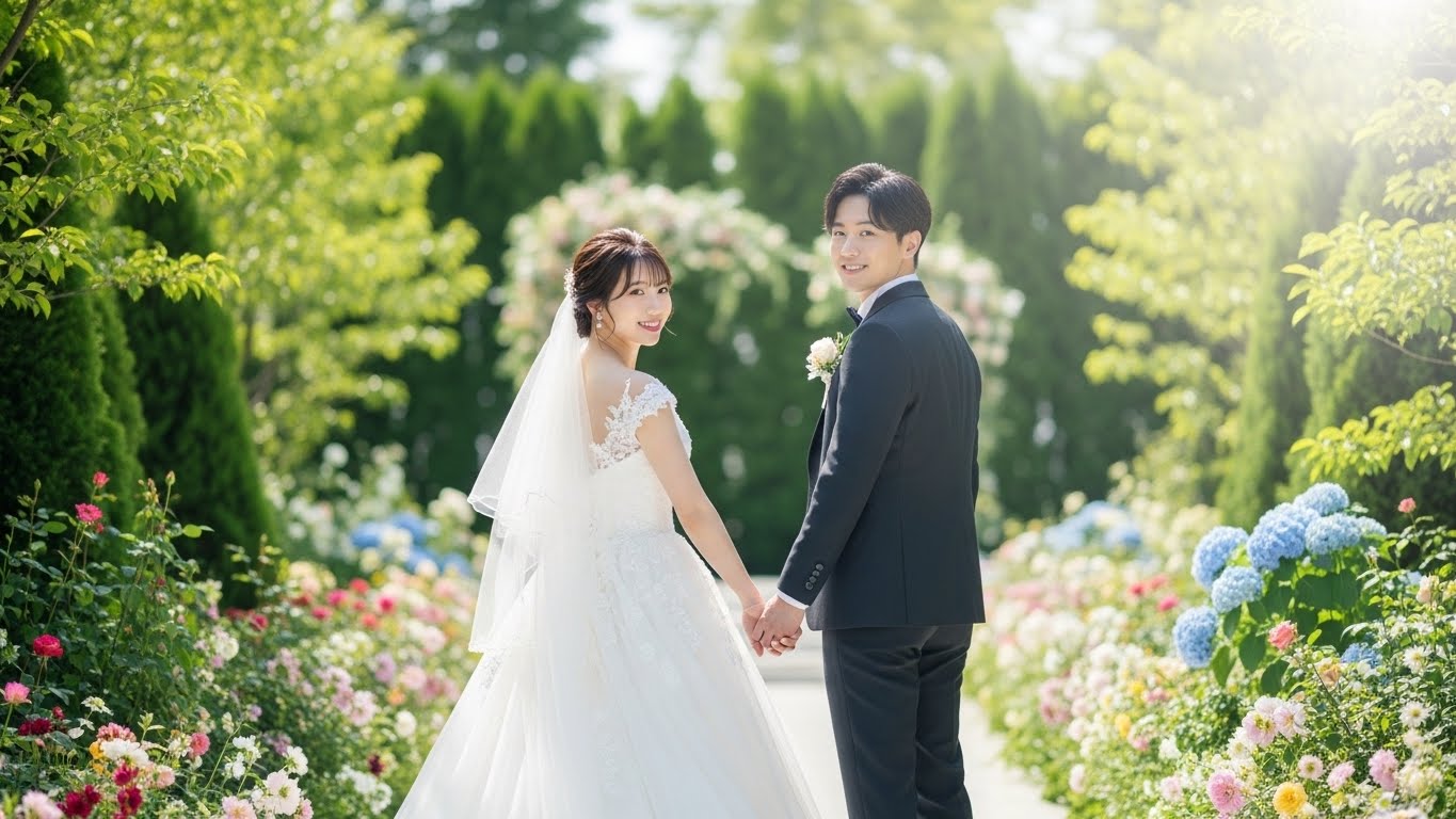 ガーデンウェディング会場で幸せそうに手を繋いで歩く新郎新婦の後ろ姿