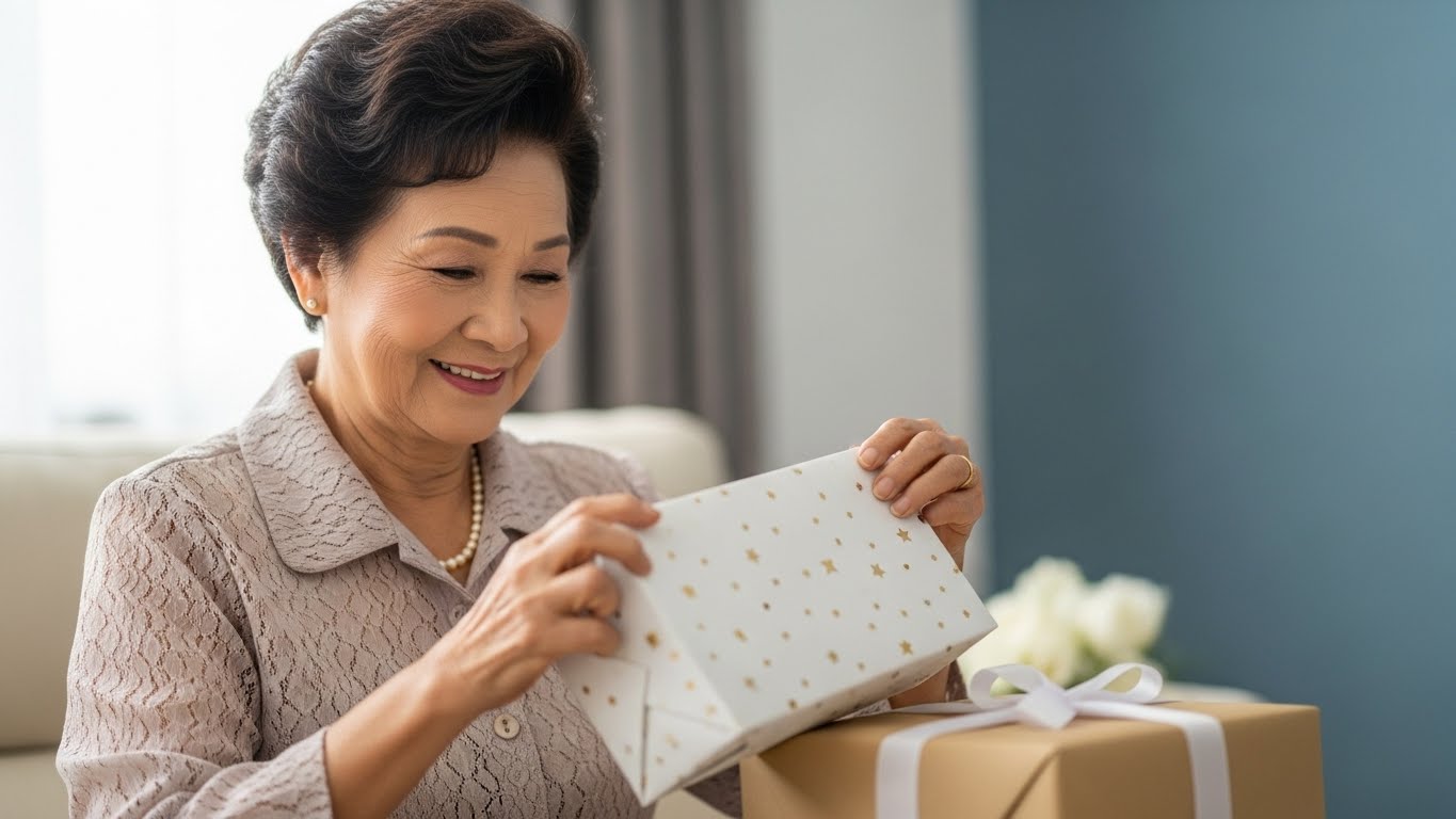 自宅リビングで届いた引き出物を開封して笑顔を見せる高齢女性の姿