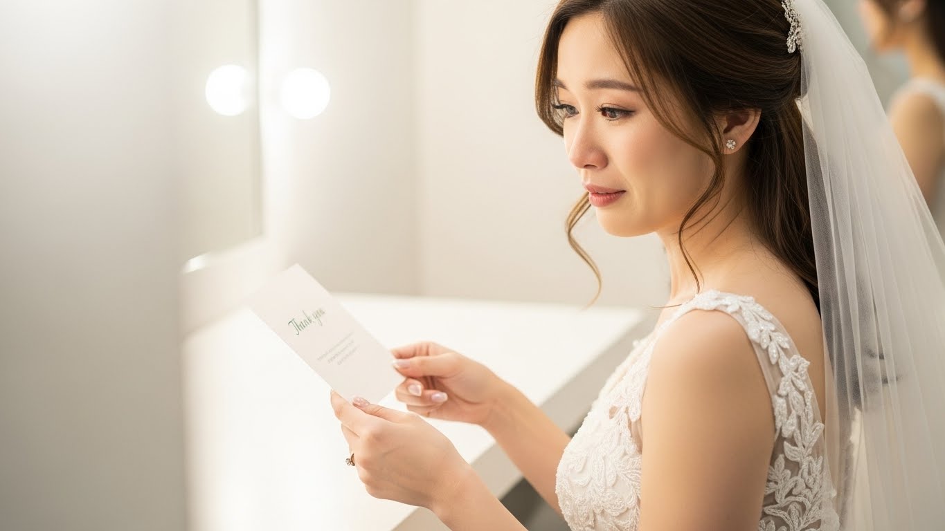 披露宴後の控室で新婦がゲストからの感謝カードを読み感動している様子