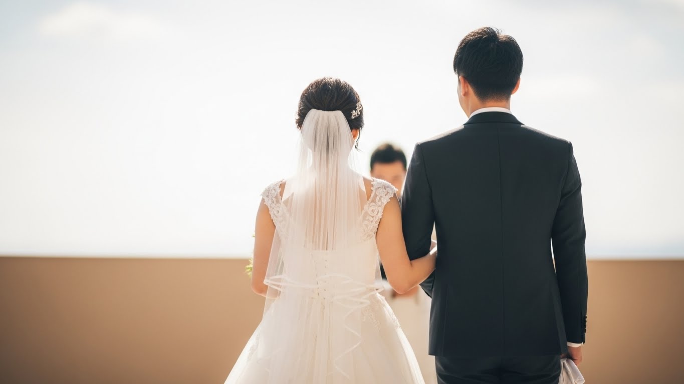 結婚式のエンディングで新郎新婦が幸せに見送る様子
