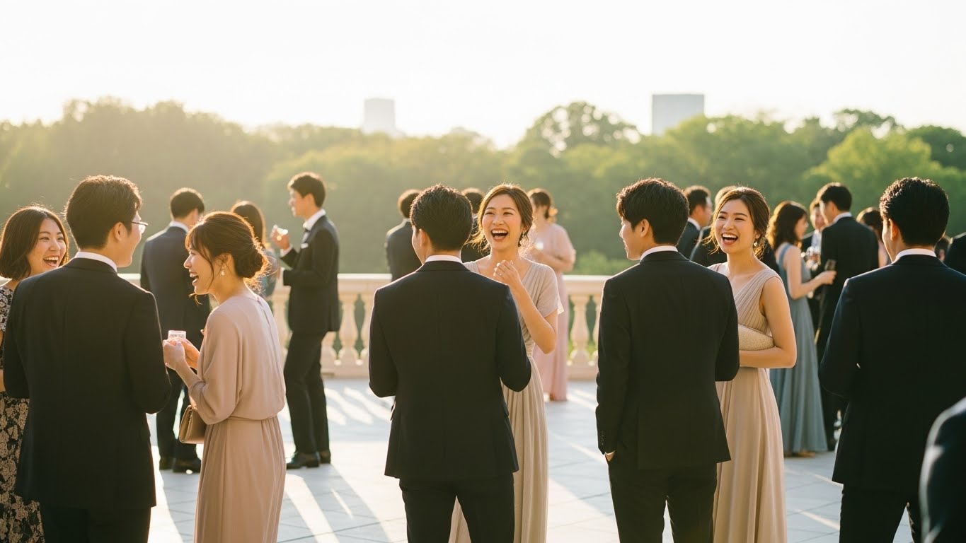 結婚式場のガーデンテラスで幸せそうに談笑するゲストたちの後ろ姿