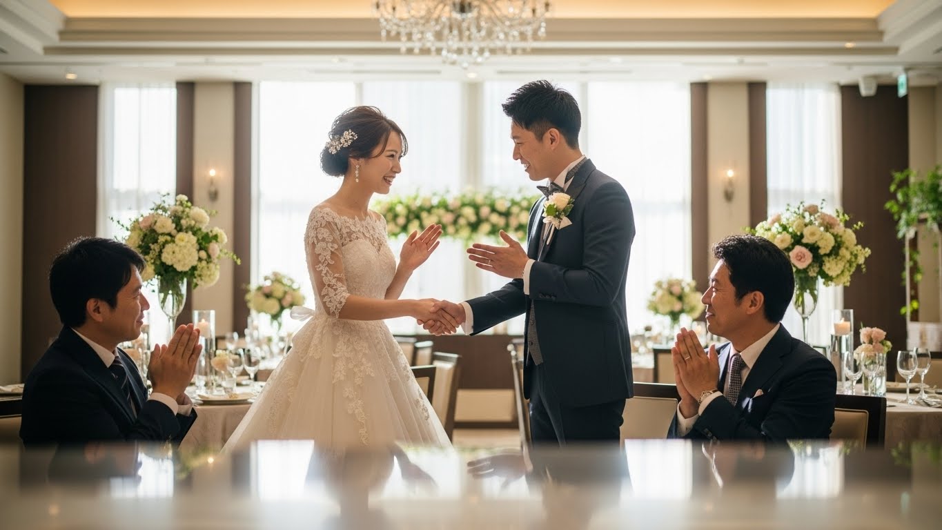 披露宴終了後に感謝を込めて握手する新郎新婦と男性ゲスト