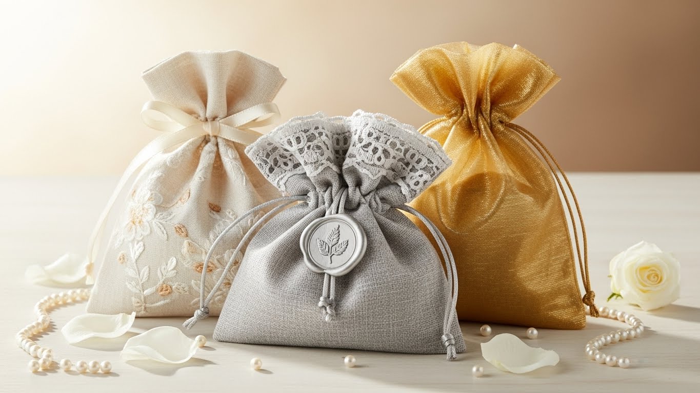 紙袋とエコバッグと不織布の3種類の引き出物袋が美しく並んでいる様子