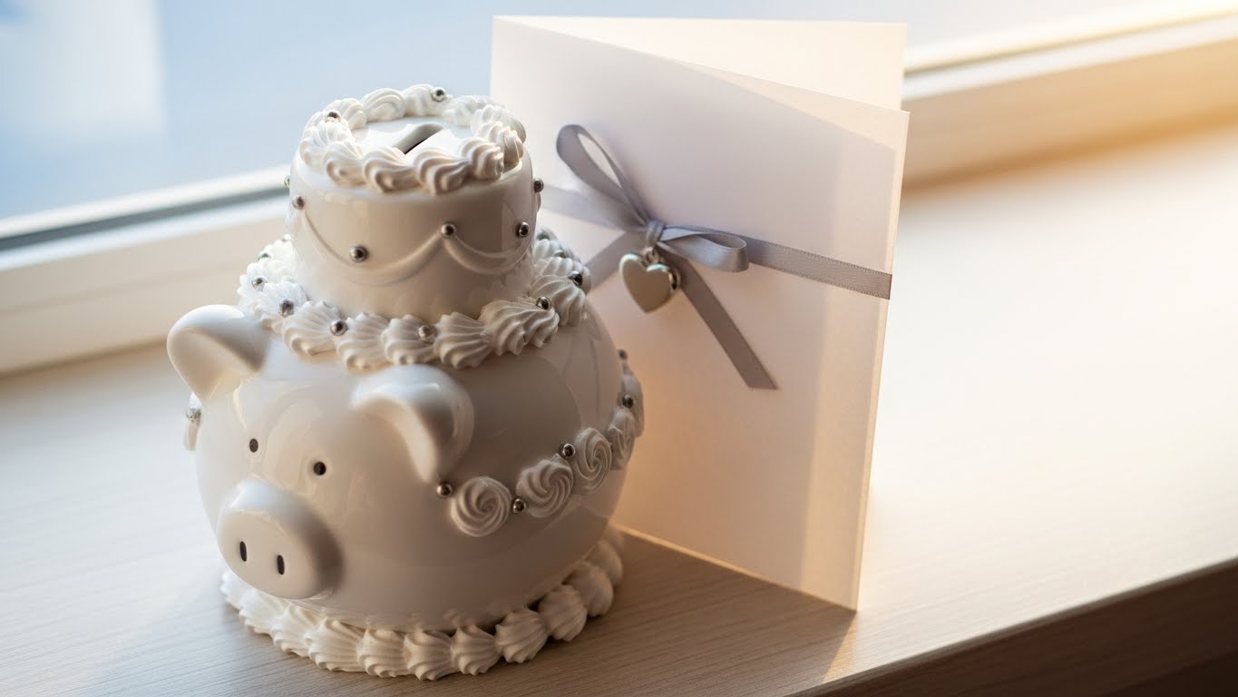 柔らかい光の窓辺に置かれた貯金箱とカード型引き出物ギフト
