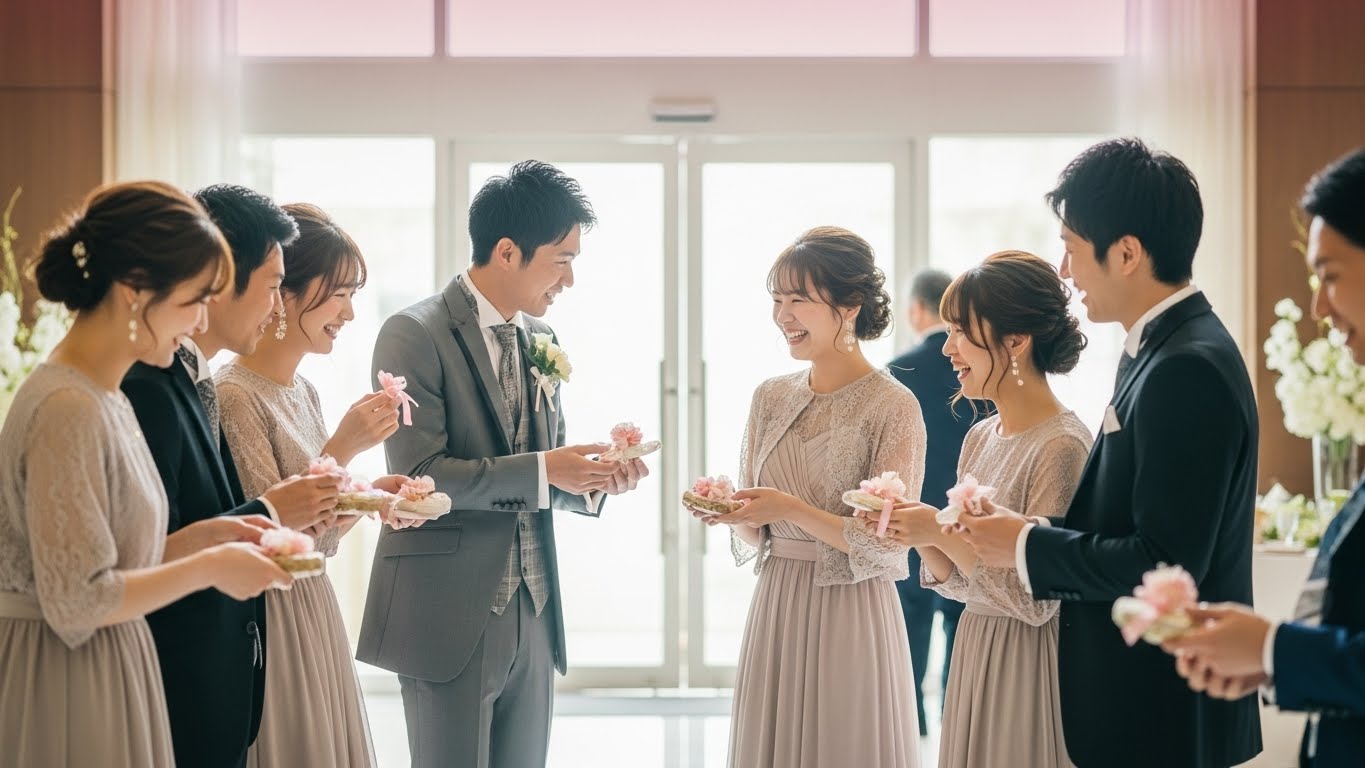 披露宴後の明るいロビーで笑顔のゲストたちが引き出物を持ちながら楽しく談笑している風景
