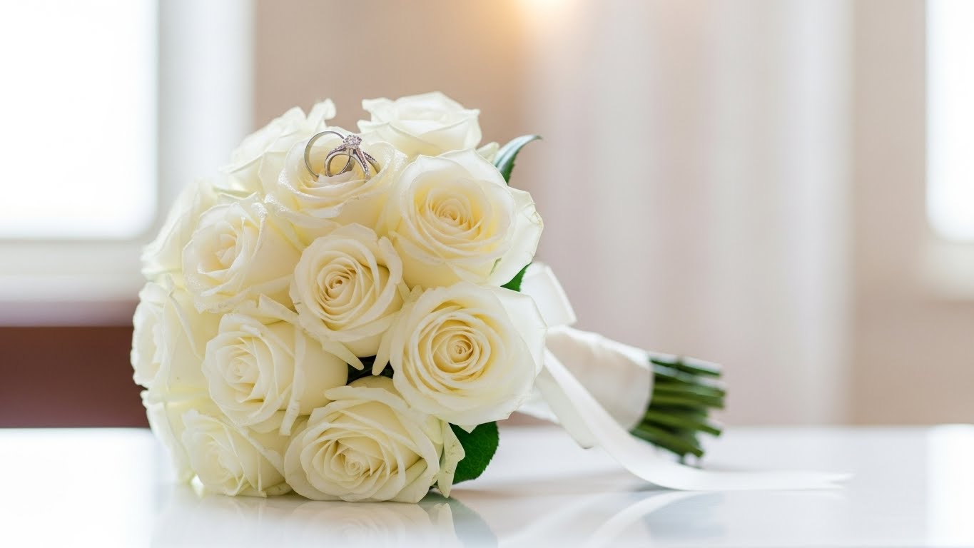 チャペルの祭壇に飾られた白いバラのブーケと輝く結婚指輪が美しく並んでいる