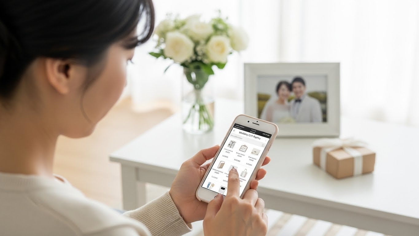 自宅リビングでスマートフォンからギフトを選んでいる女性の手元