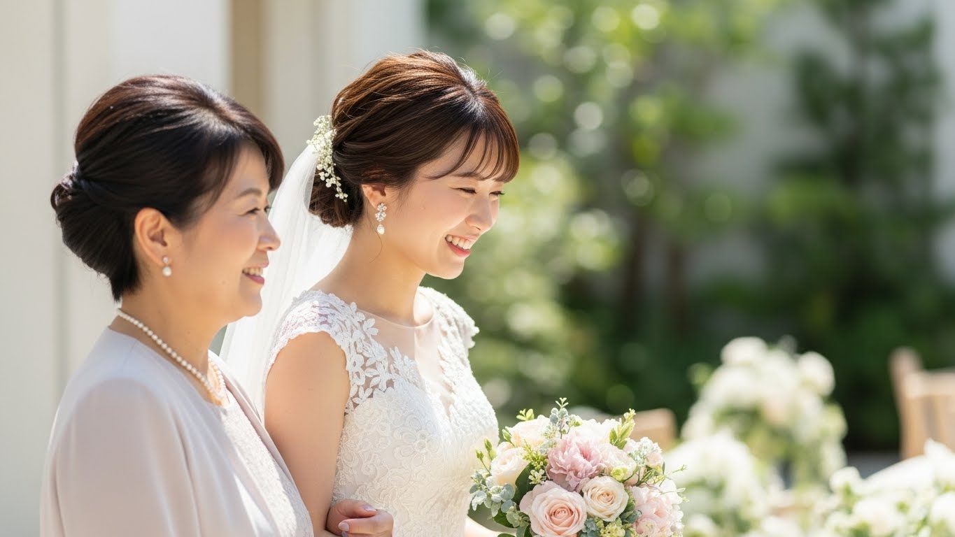 結婚式場のガーデンで新婦が親族の女性と笑顔で会話を楽しむ姿