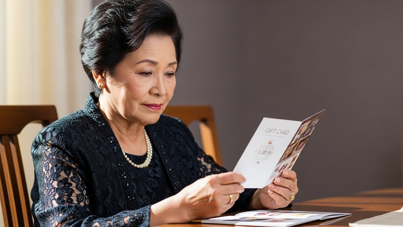 自宅のダイニングルームでカード型カタログギフトを手に持って眺める高齢のゲスト