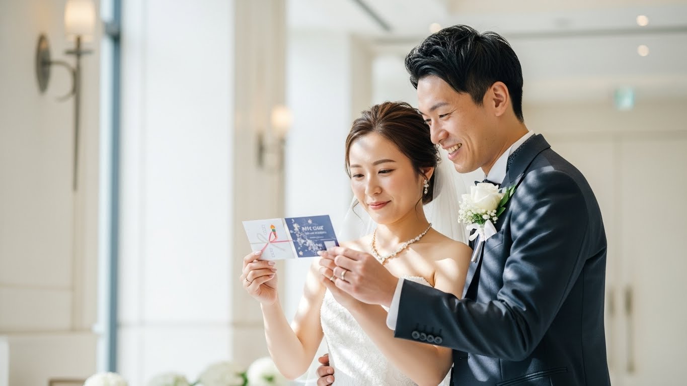 披露宴後のロビーでゲストがギフトカードを手に持ち嬉しそうに談笑している