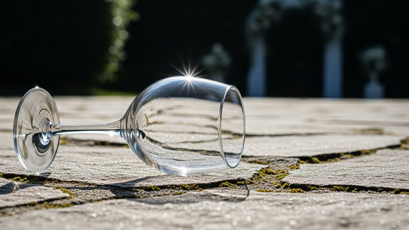 屋外ガーデンの石畳に置かれ陽光を受けて輝く割れやすいワイングラス